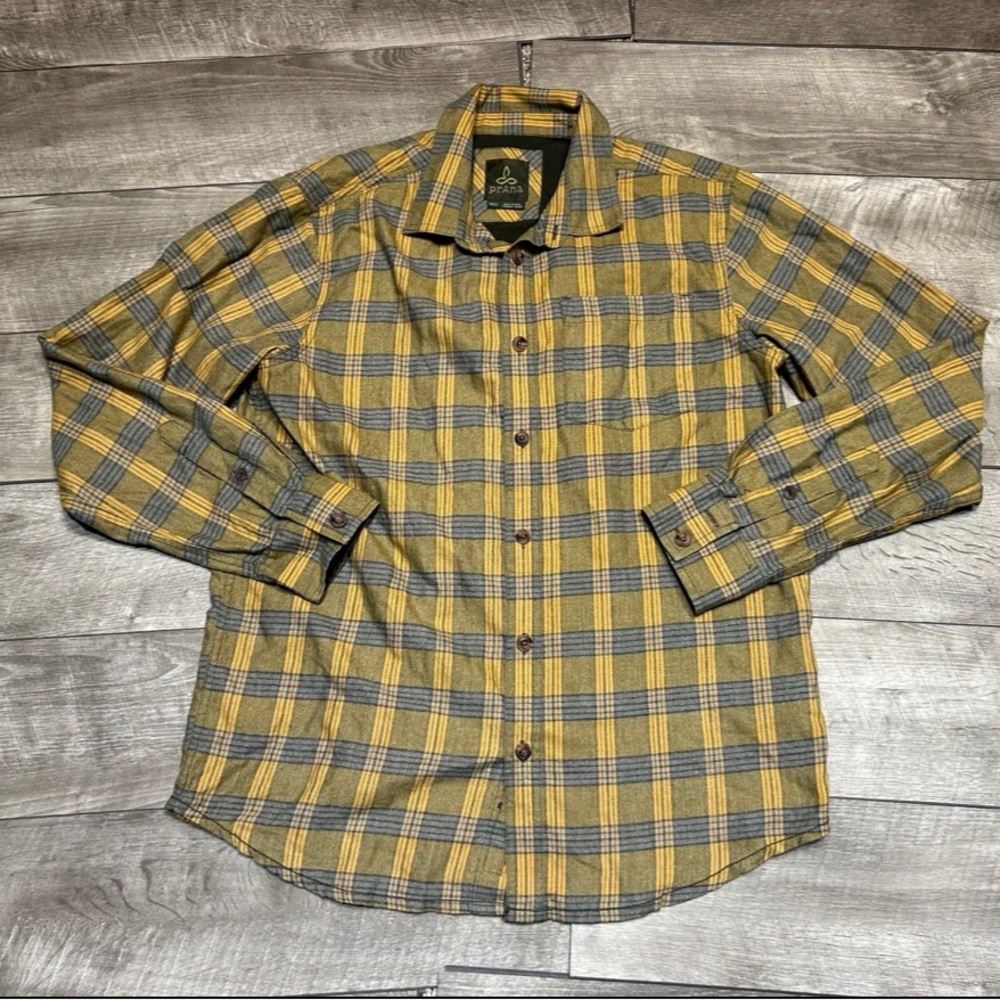 Prana Plaid Organic Cotton Long Sleeve Yellow Gray Button Up Shirt Size Medium